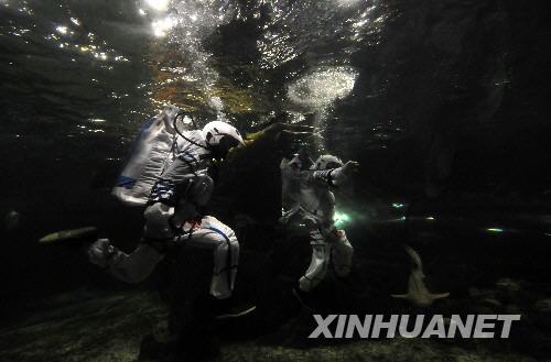 9月28日，兩名“宇航員”正在水中表演。 當(dāng)日，太原市迎澤公園海底世界舉行“迎國(guó)慶水下航天科普活動(dòng)”，向游客們展示宇航員日常在水槽中如何訓(xùn)練，在外太空失重的情況下如何行走、跳躍，讓游客們領(lǐng)略航天所帶來(lái)的神秘與驚奇。 新華社記者 燕雁 攝 