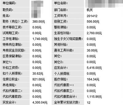 調(diào)整前，北京一個基層公務(wù)員2014年12月的工資薪金構(gòu)成。