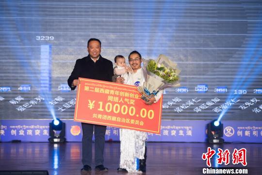 圖為強(qiáng)巴(右一)的本土文化創(chuàng)意項(xiàng)目獲得網(wǎng)絡(luò)人氣獎(jiǎng)?！『闻罾?攝